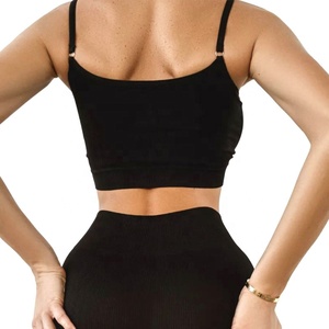 Mùa Hè Gân Crop Tank Top Cao Eo Biker Quần Short 2 Mảnh Trang Phục Của Phụ Nữ Dệt Kim Spaghetti Dây Đeo Thể Thao Vest Quần Short Thiết Lập - Product Image 4