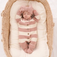 Mimixiong Ensemble 3 pièces pour nouveau-né en coton Oeko-Tex : barboteuse rayée, bandeau, nœud et bonnet, chaussures et vêtements pour bébés garçons et filles