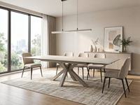 Table à manger extensible élégante finition beige avec pieds croisés en métal élégants pour la salle à manger