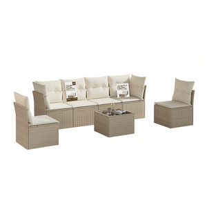 Adjustable <b>Feet</b> Beige Poly Rattan Garden <b>Sofa</b> Set 6 Seater Outdoor Furniture Contemporary Design - Product Image 1