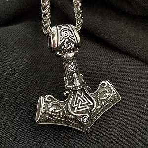 Vintage Viking Thor's Hammer Odin Triangle Rune <b>Titanium</b> Steel Pendant Necklace Punk Hip Hop Nordic Valknut Stainless Silver - Product Image 2