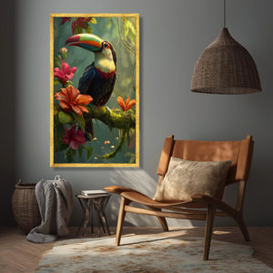 Toile murale d'art avec oiseau toucan coloré, <span class=keywords><strong>fleurs</strong></span> d'hibiscus <span class=keywords><strong>tropicales</strong></span>, décoration de la jungle exotique, nature, imprimé sur toile de faune vibrante - Product Image 2