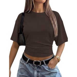 FOXA Crop Top Short Sleeve Ruched Waist Slim Fit O Neck Summer Casual Women's Basic Tee Fashion T Shirt - Product Image 2