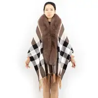 Dh iatoyw novo design de caxemira xale, com gola de pele de raposa, inverno, quente, capa xadrez para mulheres