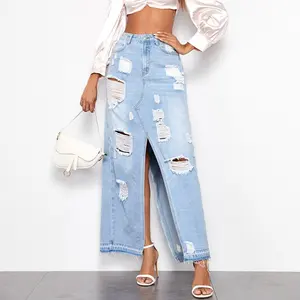 2020 Wholesale custom ripped distressed plain casual split maxi slit high waist female denim long women ladies jean skirts