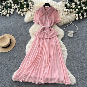 Robe plissée élégante chic française de qualité supérieure, couleur personnalisée, avec empiècements en dentelle, pour femmes - Product Image 2