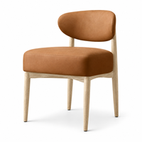 Chaise de salle à manger rembourrée sans accoudoirs avec dossier incurvé ouvert, pieds en bois massif, assise aspect cuir cognac, pour la maison ou le café