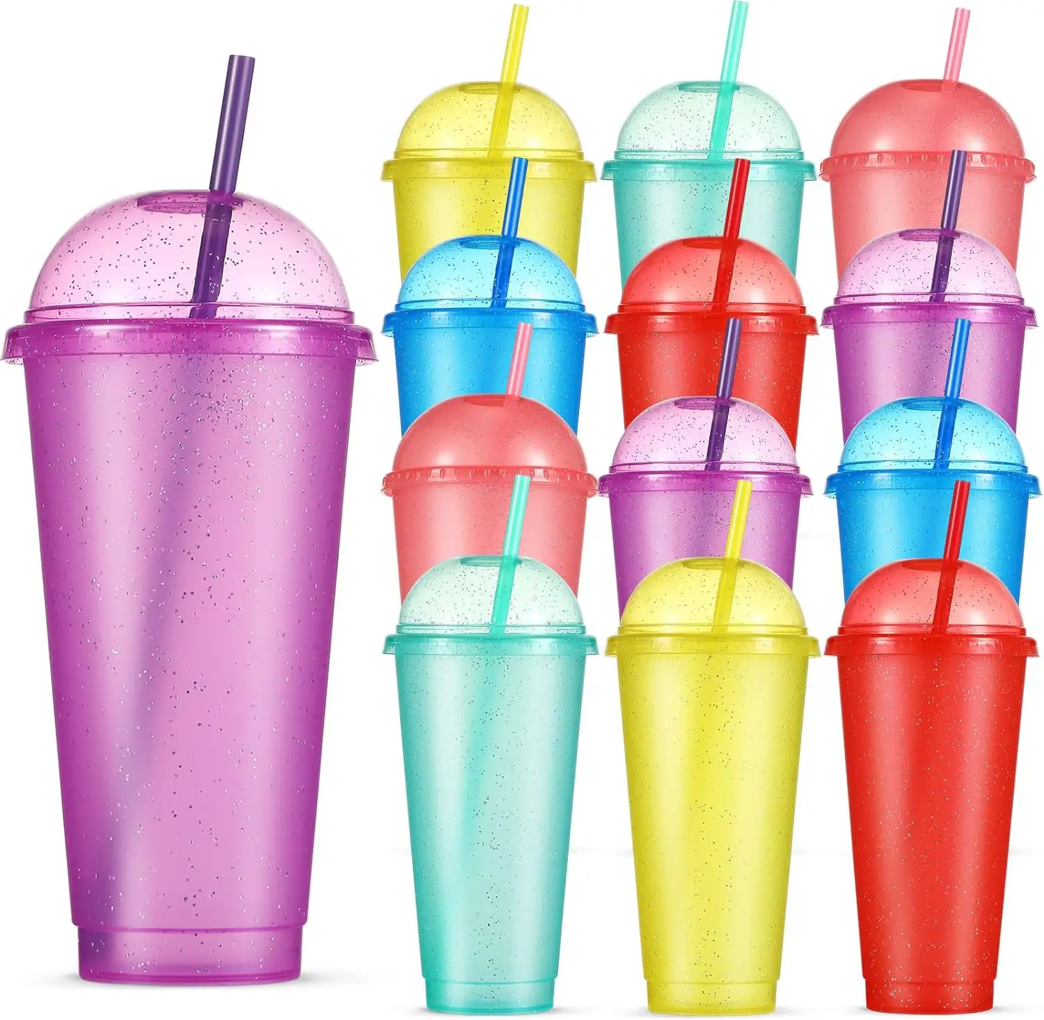 Dome Lids Plastic Cups w/ Dome Lid Durable and Strong Reusable Perfect Ice Coffee, Fruit Shakes 710ML