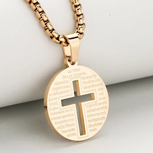 Collar con colgante redondo de cruz hueca de acero inoxidable para hombres y mujeres, en plata, oro y negro, con versículo bíblico, moneda de oración, amuletos, joyería, regalo. - Product Image 5