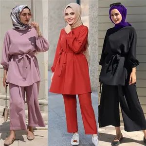 Islamische Kleidung Indonesien Ethnischer Stil Lose Falten anzug Arabische Damen Zweiteilige Crinkle Relaxed Pant Anzüge Für Muslime Frauen