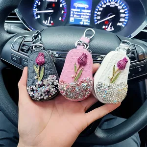 TX Flower Car Key Holder Storage Case Crystal Diamond Keychains Key Cover Remote Key Bag