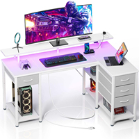 Bureau de jeu en métal en forme de L moderne et réversible avec tiroirs, prises électriques, éclairage LED, étagères de rangement, design d'angle, bureau d'ordinateur