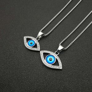 Hip Hop Eye Pendant <b>Necklace</b> Stainless Steel Gold Plated Blue Evil Eye Pave Setting Unisex Jewelry Gift - Product Image 2