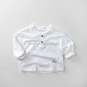 Camiseta D1043 para Niños, de Algodón Slub, Manga Larga, con Logotipo Bordado, Estilo Coreano, para Primavera y Otoño - Product Image 3