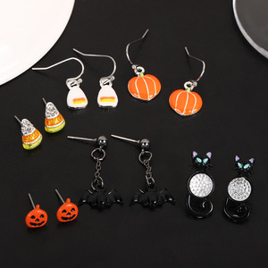 Ensemble de boucles d'oreilles Halloween, boucles d'oreilles à clous en forme de citrouille et de chauve-souris pour femmes, bijoux de fête, alliage de zinc, acier inoxydable - Product Image 4