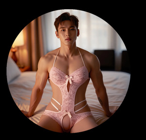 Lingerie érotique pour hommes, combinaison sexy en dentelle rose grande taille, ajourée et transparente avec entrejambe ouvert, tenue de travesti et de demoiselle d'honneur masculin - Product Image 5