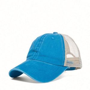 Wholesale Outdoor <b>Sunscreen</b> Worn-out Breathable Mesh Solid Vintage Style Cotton Women's High Top Hat Ponytail Baseball Cap - Product Image 4