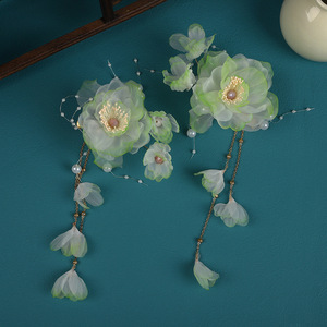 New original design, handmade antique style hair accessory for children, green gradient silk flower tassel hair <b>clip</b>, Hanfu - Product Image 4