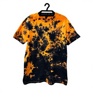 T-shirt pour femme 100% Coton Jersey simple, col en V doux, manches courtes, imprimé Tie-Dye, en tissu tricoté effet toile, avec impression par décoloration et bouton - Product Image 1