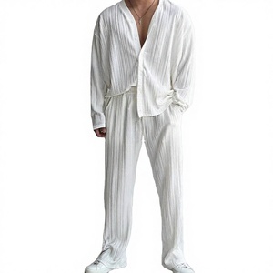 New Men's Casual Button <b>Down</b> Shirt Long Sleeve Long <b>Pants</b> Print Knitted Quick Dry Cool Summer 2 Piece Set Fashion - Product Image 1