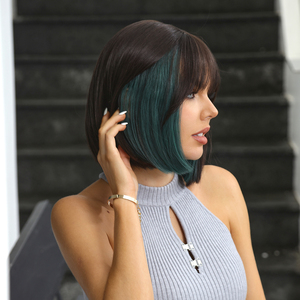 Nhà Máy Bán Buôn Trắng Màu Xanh Lá Cây Màu Xanh Ombre Bang Bob Tổng Hợp Tóc Giả Ngắn Thẳng Tự Nhiên Bền Matte Hình Ảnh Thực Nhiều Màu Sắc - Product Image 4