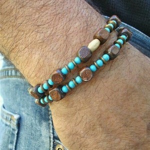 Bracciale Vintage Europeo Americano Fatto a Mano con Perline in Legno Unisex Multistrato Impilabile Set di Bracciali con Perline di Turchese Senza Placcatura Metallica - Product Image 1