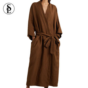 2025 New Arrival Alta Qualidade Sólida Elegante Femme Belted Robes Algodão Mulheres Atacado 100% Linho Banho Robe One Piece Set - Product Image 4