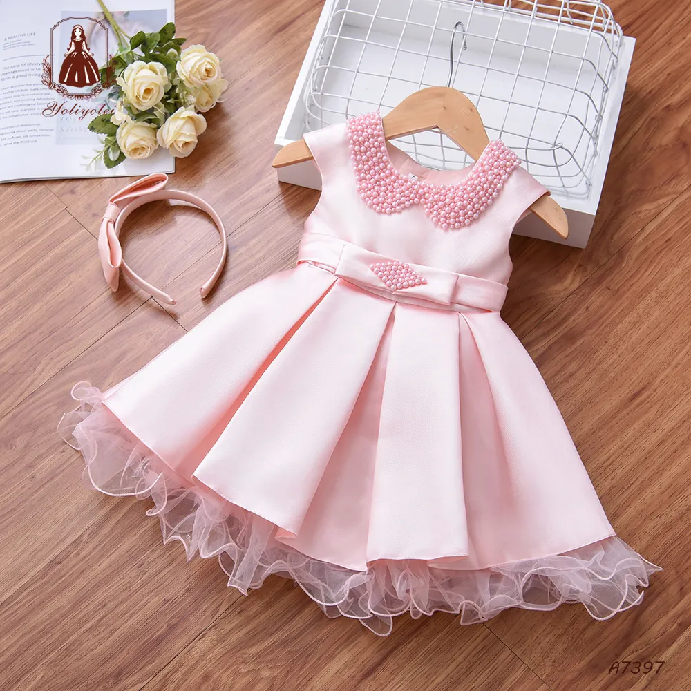 Factory Wholesale High Quality Kids Princess Boutique Pearls Party Flower Girls Wedding Dress For 2-5 years