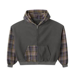 TKAN284D nouveau style hommes Plaid Patchwork couleur bloc personnalisé français éponge coton lourd garder au chaud grande taille lâche fermeture éclair à capuche - Product Image 2
