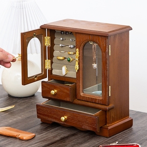 Boîte de rangement à bijoux en bois de luxe rétro avec tiroir et miroir, étui de présentation en gros pour bijoux - Product Image 3