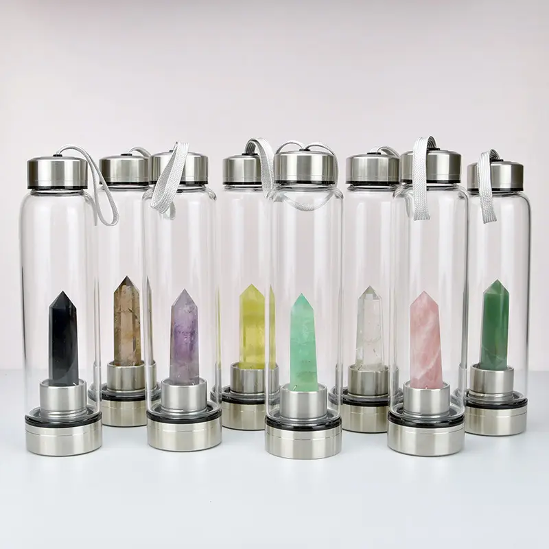 Bouteille d'eau en verre avec pierres précieuses imprimées, Logo personnalisé, bouteille d'eau potable en cristal naturel Elixir