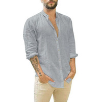 New Fashion Herren Leinen Cardigan Solid Color Casual Stehkragen Langarm Shirt