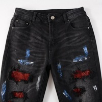 Pantalon stretch noir délavé à la pierre pour homme, écusson de perçage avec broderie à rivets, décoration de style utilitaire Hip Hop, jean