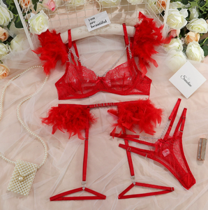 Feder Sinnliche Dessous Sexy Transparente Spitze BH Mit Kette Sets 3-teiliges Set Strumpf bänder Kostüme 1129 - Product Image 6