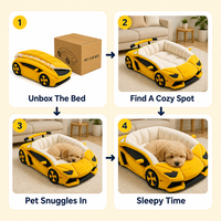 Lit pour chat en forme de voiture de sport en peluche, portable, avec coussin crème, ouverture supérieure, matelassé et confortable pour petits chiens et chats