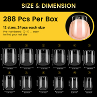 BORN PRETTY Faux Ongles Courts Carrés 288 Pièces 12 Tailles en Gel Pré-Gravé Doux, Transparents, Couverture Complète, Semi-Mat