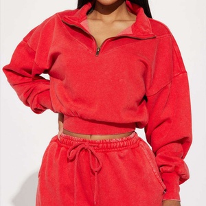 Ensemble de sweat-shirts à capuche courts en molleton français pour femmes avec logo personnalisé Y2K, style sportif, en coton brodé, aspect délavé - Product Image 3