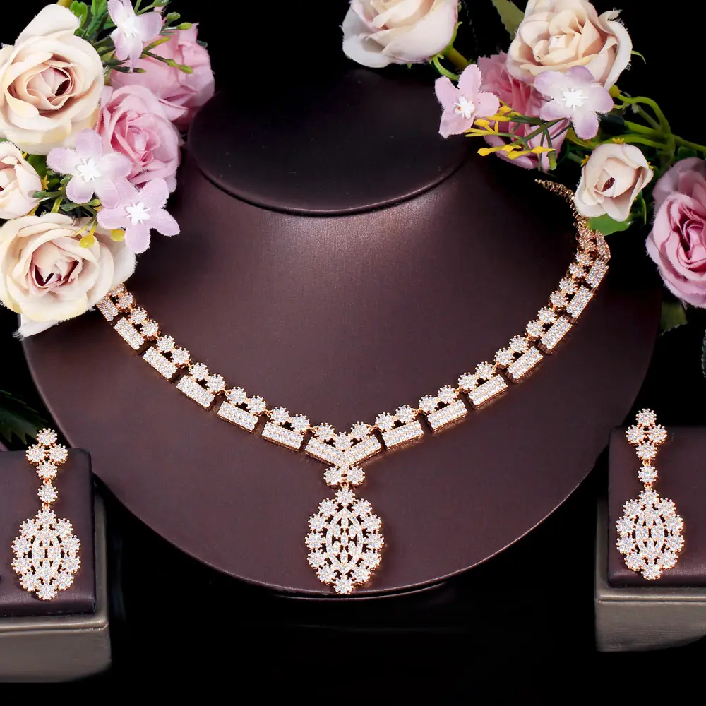New Fashion Luxury Brass Zircon Jewelry Set Jewelry Women's Banquet Wedding Accessories Necklace/Earring 2Piece Jewelry Set
