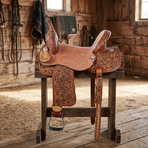 Selle de cheval en cuir Western Cosmico Ventures avec arbre en bois, décorations florales, quincaillerie en laiton, design écologique et confortable - Product Image 1