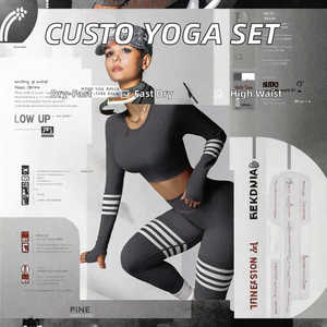 Custo Schnelltrocknende Atmungsaktive Damen-Yoga-Leggings - Langärmliges Set mit Hoher Taille, Elastischem Bund, Gestreift, Bauchkontrolle, 2-teilig Vorne - Product Image 2
