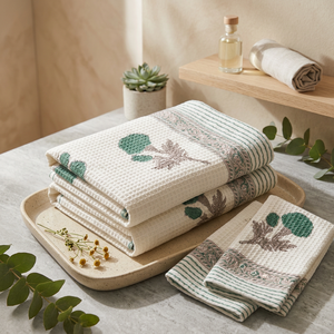 Ensemble de 2 serviettes à main et 1 serviette de bain en coton gaufré, motif feuille brodé, imprimé au bloc, serviettes absorbantes, décoration personnalisée pour la maison - Product Image 2