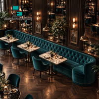 Ensembles de restaurant : Banquette commerciale avec table à manger carrée en marbre et chaises en velours vert-bleu, personnalisables, fabricant OEM en gros