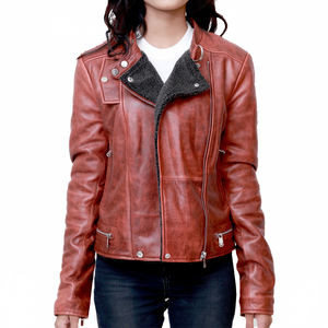 Vente en gros veste de moto bicolore pour femmes souple café racer agneau cuir véritable broderie respirant disponible régulier grande taille - Product Image 1