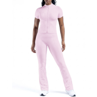 Ensemble de yoga personnalisé pour femme avec logo – Haut court zippé à col montant et leggings évasés taille haute pour entraînement, gym et fitness