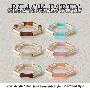 New Designer Fashion Women's Gold Silver Plated Geometric Colorful Acrylic Cuff Elastic <b>Bangles</b> <b>Bracelets</b> Jewelry - Product Image 2