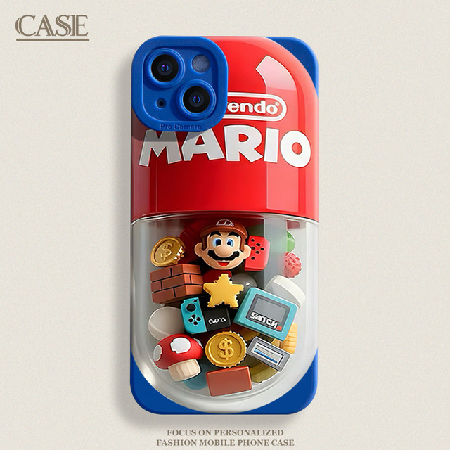 Mario Capsule Silicone Case, Cartoon Cover for iPhone 14/15 Pro/16/16 Pro Max