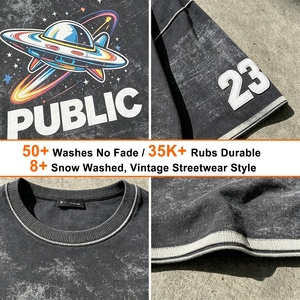 High Quality Custom Casual Acid Wash Digital Print Men's T <b>Shirt</b> Flat Embroidery Loose Stone Wash <b>Patchwork</b> Webbing T-<b>shirt</b> - Product Image 2