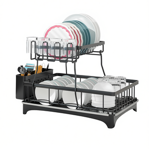Escurridor de Platos de 2 Niveles, de Acero Inoxidable Negro, para Encimera de Cocina, con Soporte para Utensilios, Diseño Minimalista - Product Image 1