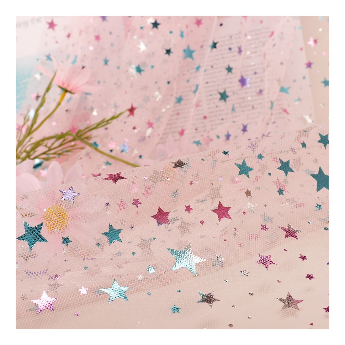Iridescent Ombre Sheer Rainbow Star Printed Tulle Colorful Woman Party Dress Fabric