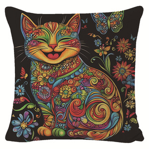 Taie d'oreiller carrée en lin à motif floral de chat, lavable, pour coussin lombaire, décoration de canapé de salon - Product Image 3